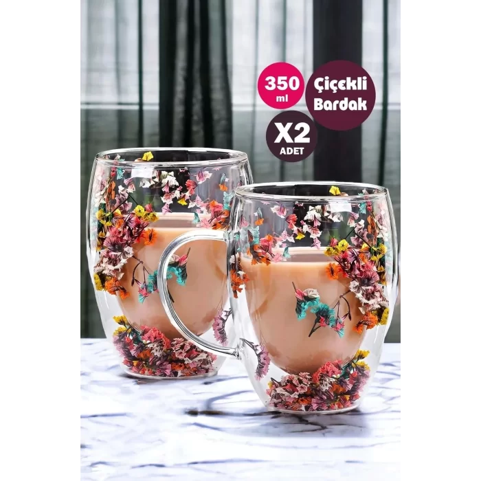 2li Isıya Dayanıklı Borosilikat Çift Çidarlı Flower Cup Çiçekli Bardak Kulplu Kahve Sunum Bardağı 350ml