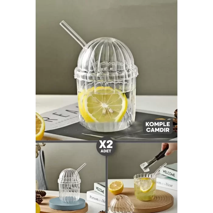 2li Kübbe Kapaklı Pipetli Bardak Isıya Dayanıklı EggGlass İskandinav Kahve Sunum Bardağı 430Ml Set