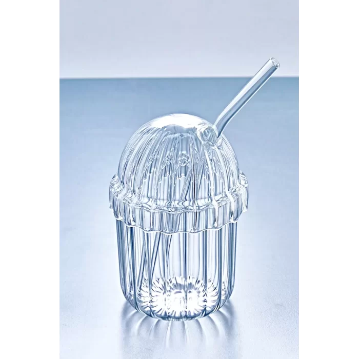 2li Kübbe Kapaklı Pipetli Bardak Isıya Dayanıklı EggGlass İskandinav Kahve Sunum Bardağı 430Ml Set