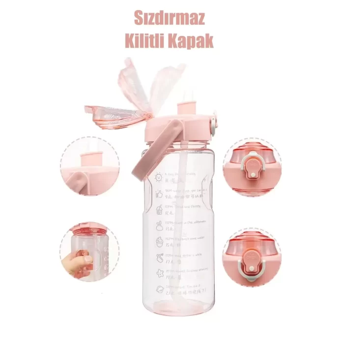2li Motivasyonel Sporcu Su Şişesi Tritan Suluk Su Matarası Pipetli Stickerlı Suluk 900+500ml
