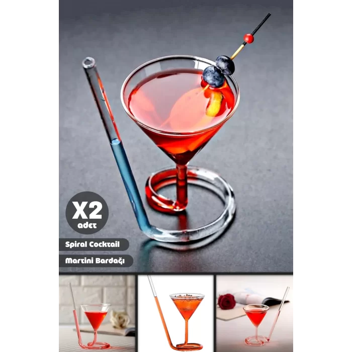 2li Spiral Cocktail Kendinden Pipetli Martini Kokteyl Sunum Bardağı New Cam Meşrubat İçki Bardak