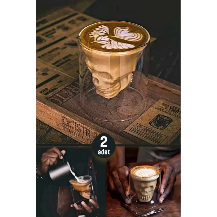 2li Kuru Kafa Tasarımlı Bardak Kahve Expresso Kokteyl Bardağı Kristal Skull Çift Cidarlı Cam Kupa