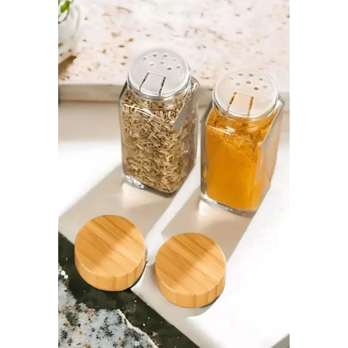 24lü Bambu Kapaklı Cam Kare Etiketli Formlu Baharatlık Takımı Serpme Başlıklı Baharatlık Set