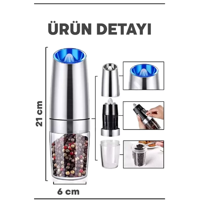 2li Otomatik Sensörlü Karabiber Tuz Değirmeni Seramik Bıçaklı Baharat Öğütücü LED Işıklı 5 Kademeli