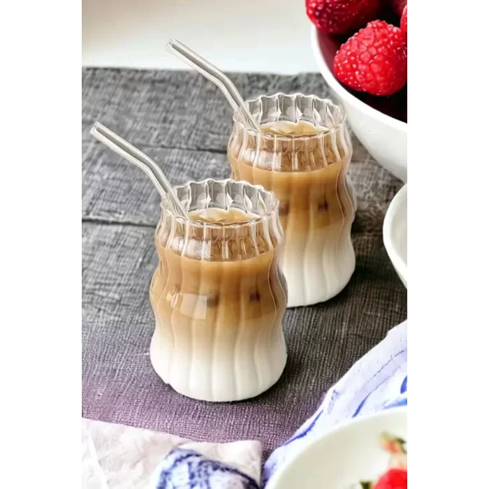 6lı Sukabağı Latte Cam Pipetli Bardak Seti İskandinav Burgu Tarz Kahve Kokteyl Sunum Bardağı 400ml