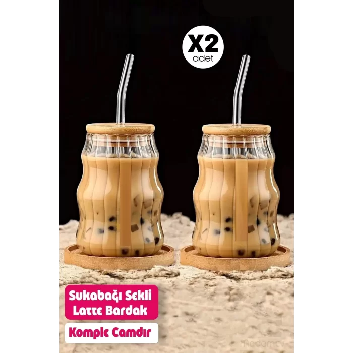 2li Sukabağı Latte Bardak Bambu Kapaklı İskandinav Cam Bardak Kahve Kokteyl Sunum Bardağı 400ml