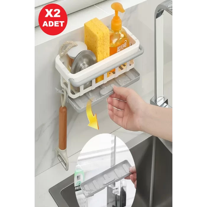 2li Yapışkanlı Dolap İçi Düzenleyici Mutfak Banyo Lavabo Askılı Organizer Bulaşıklık Sabunluk Seti