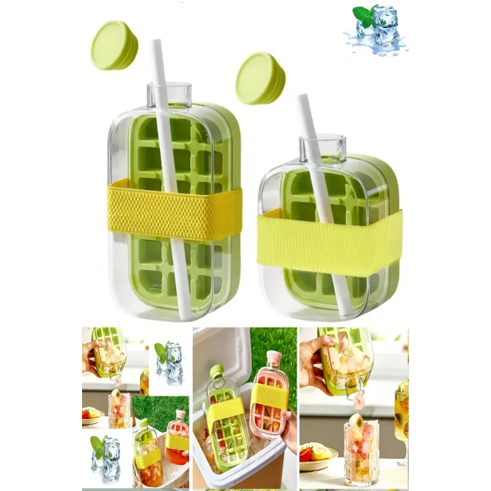2Adet Yeni Nesil Basmalı Buz Kalıbı Pipetli Su Şişesi 18 Bölmeli Hazneli Buz Küpü 800 Ml 500 Ml