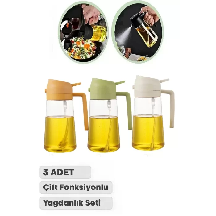 3 Adet Çift Fonksiyonlu Yağdanlık 550 ml Zeytinyağı Sıvıyağ Cam Şişe Sprey Airfryer Yağlık Sirkelik