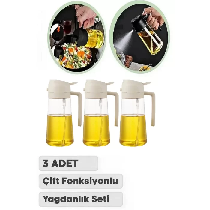 3 Adet Çift Fonksiyonlu Yağdanlık 550 ml Zeytinyağı Sıvıyağ Cam Şişe Sprey Airfryer Yağlık Sirkelik