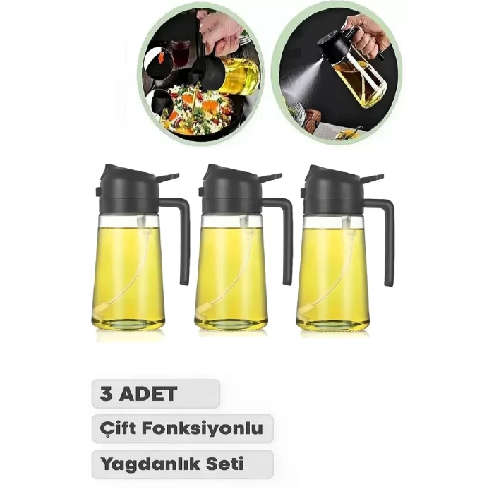 3 Adet Çift Fonksiyonlu Yağdanlık 550ml Zeytinyağı Sıvıyağ Cam Şişe Sprey Airfryer Yağlık Sirkelik