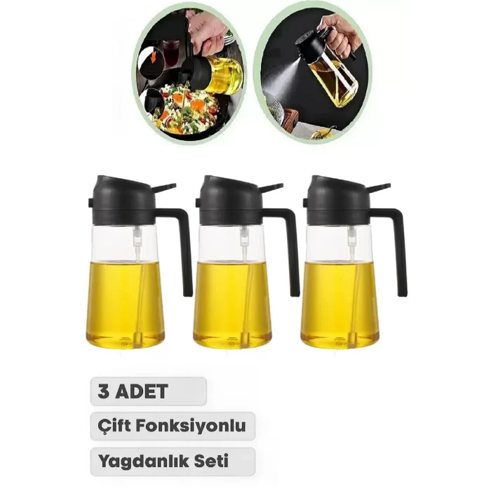 3 Adet Çift Fonksiyonlu Yağdanlık 550ml Zeytinyağı Sıvıyağ Cam Şişe Sprey Airfryer Yağlık Sirkelik