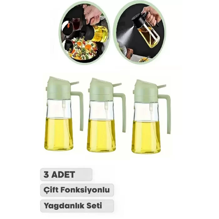 3 Adet Çift Fonksiyonlu Yağdanlık 550ml Zeytinyağı Sıvıyağ Cam Şişe Sprey Airfryer Yağlık Sirkelik