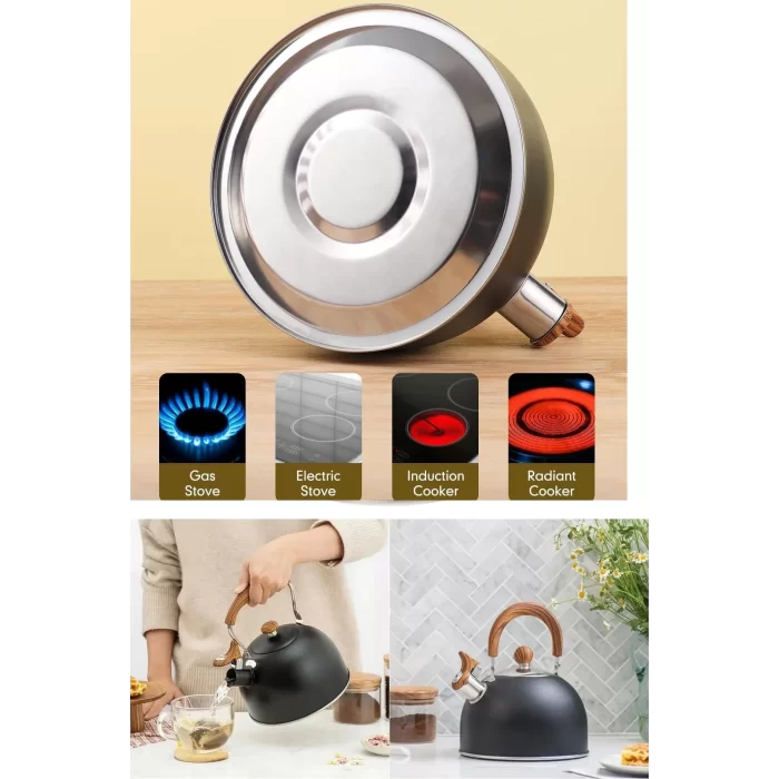 3 Litre Düdüklü Çaydanlık Ahşap İskandinav Su Isıtıcı Islık Çalan Çaydanlık Kettle Demlik Çay Potu