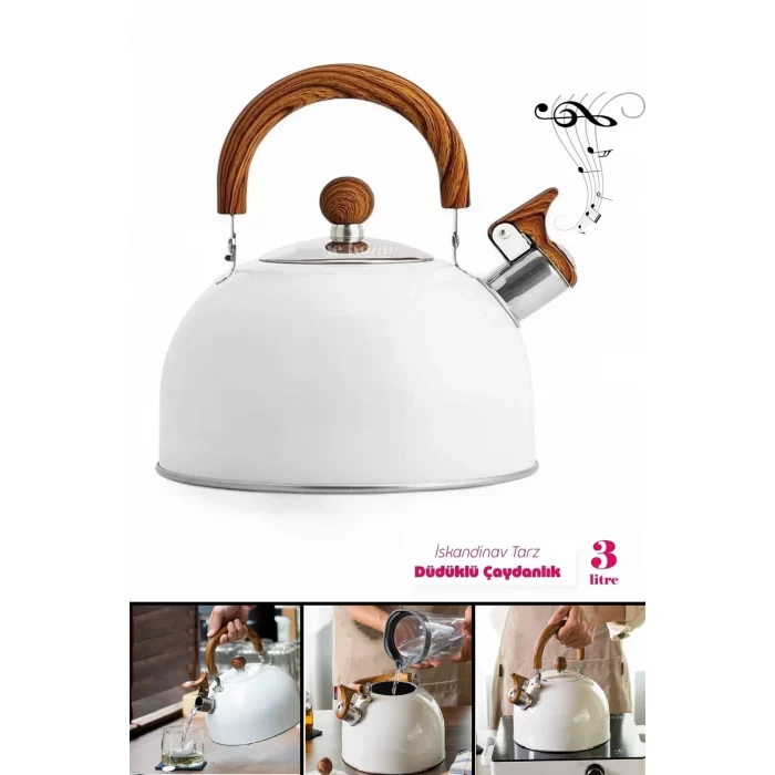 3 Litre Düdüklü Çaydanlık İskandinav Ahşap Su Isıtıcı Islık Çalan Çaydanlık Kettle Demlik Çay Potu