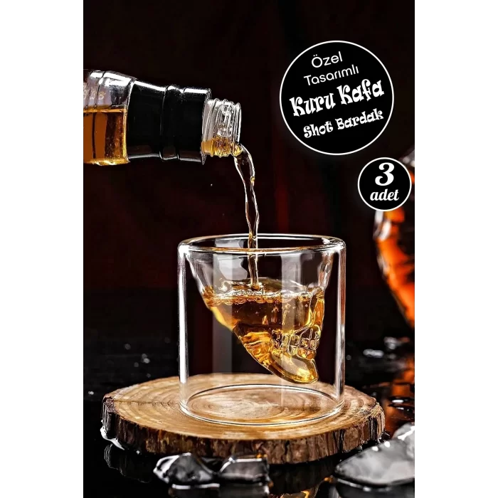 3lü Kuru Kafa Viski Shot Bardağı Çift Cidarlı Bardak Kristal Skull Tasarım Kokteyl