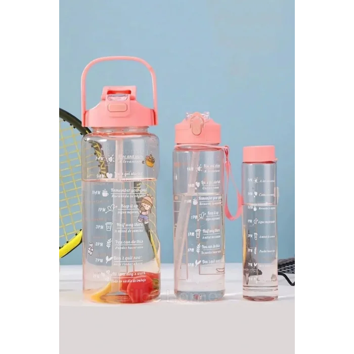 3lü Motivasyonel Sporcu Su Şişesi Tritan Suluk Su Matarası Pipetli Stickerlı Suluk 2000+900+500ml