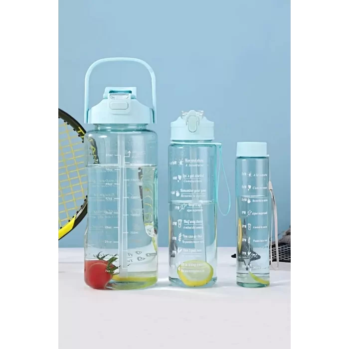 3lü Motivasyonel Sporcu Su Şişesi Tritan Suluk Su Matarası Stickerlı Pipetli Suluk 2000+900+500ml