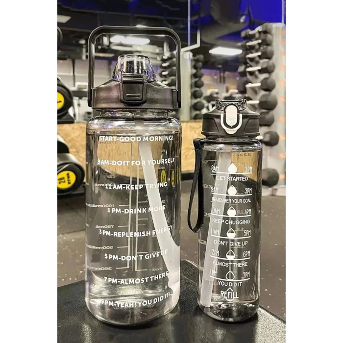 3lü Motivasyonel Su Matarası Tritan Sporcu Su Şişesi Suluk 2000+900+500ml Stickerlı Pipetli Suluk