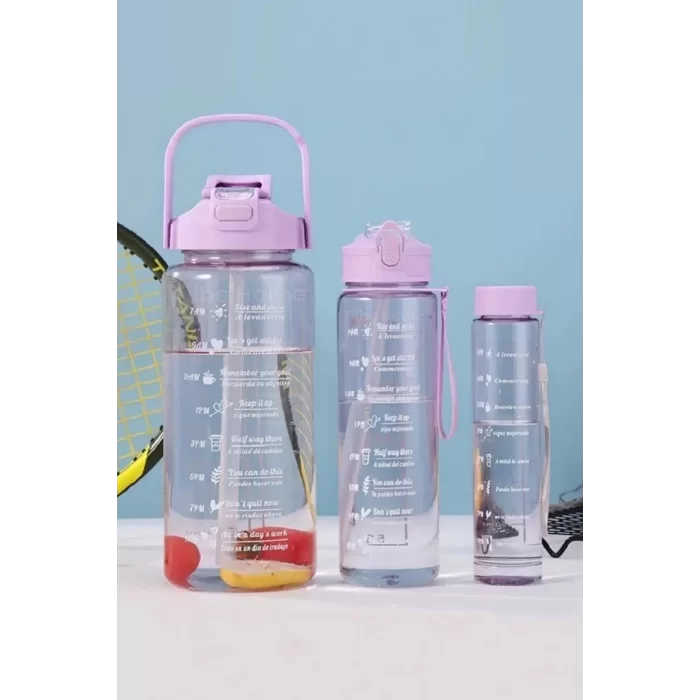 3lü Motivasyonel Su Matarası Tritan Sporcu Su Şişesi Suluk Stickerlı Pipetli Suluk 2000+900+500ml