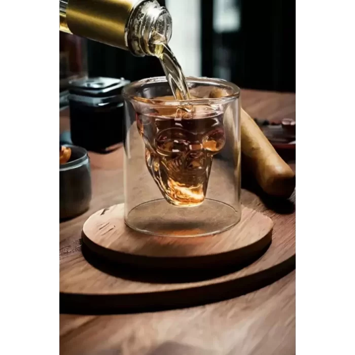 3lü Kuru Kafa Viski Shot Bardağı Çift Cidarlı Bardak Skull Kristal Tasarım Kokteyl