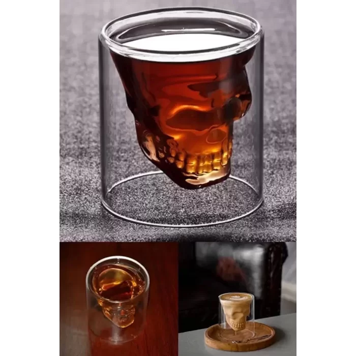 3lü Kuru Kafa Viski Shot Bardağı Çift Cidarlı Bardak Skull Kristal Tasarım Kokteyl