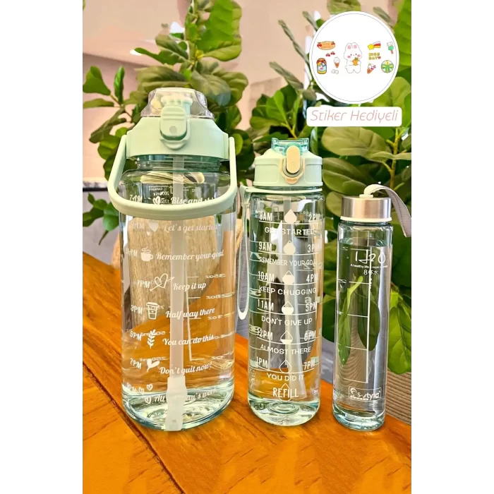 3lü Motivasyonel Su Matarası Soft Green Stickerlı Pipetli Taşınabilir Sızdırmaz Su Şişesi Matarası