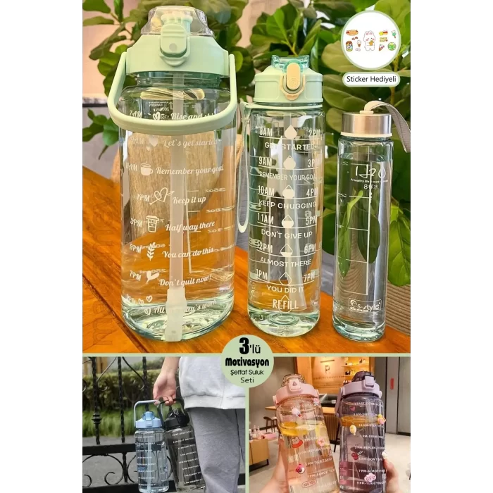 3lü Motivasyonel Su Matarası Soft Green Stickerlı Pipetli Taşınabilir Sızdırmaz Su Şişesi Matarası