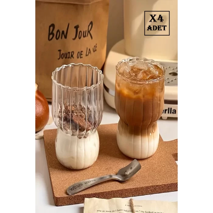 4lü İskandinav Midi Vintage Burgulu Tarz Bardak Kahve Sunum 380 ml. Isıya Dayanıklı Cam Bardağı