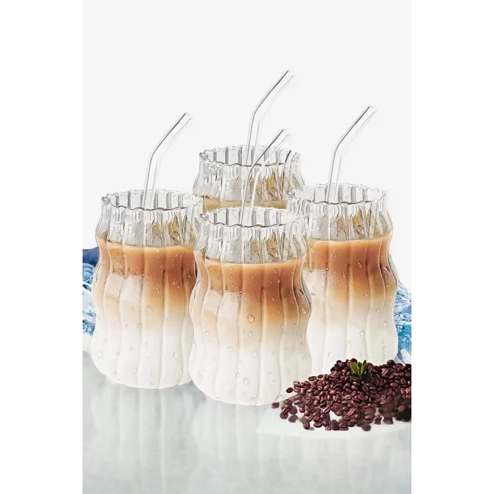 4lü Sukabağı Latte Cam Pipetli Bardak Seti İskandinav Burgu Tarz Kahve Kokteyl Sunum Bardağı 400ml