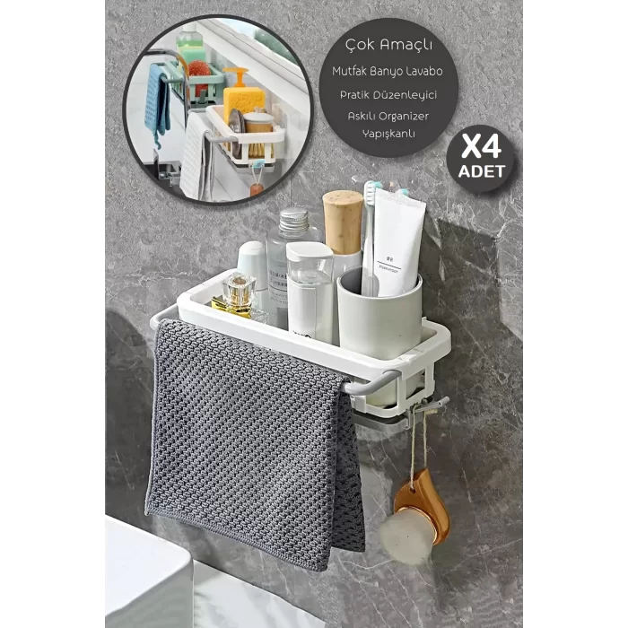 4lu Yapışkanlı Dolap İçi Düzenleyici Mutfak Banyo Lavabo Askılı Organizer Bulaşıklık Sabunluk Seti