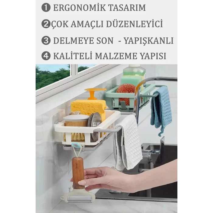 4lu Yapışkanlı Dolap İçi Düzenleyici Mutfak Banyo Lavabo Askılı Organizer Bulaşıklık Sabunluk Seti