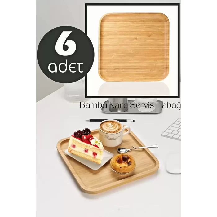 6 Adet Gourmet Kare Bambu Kahvaltı Tabağı Pasta Servis Sunum Tepsi İkramlık Ahşap Tabak