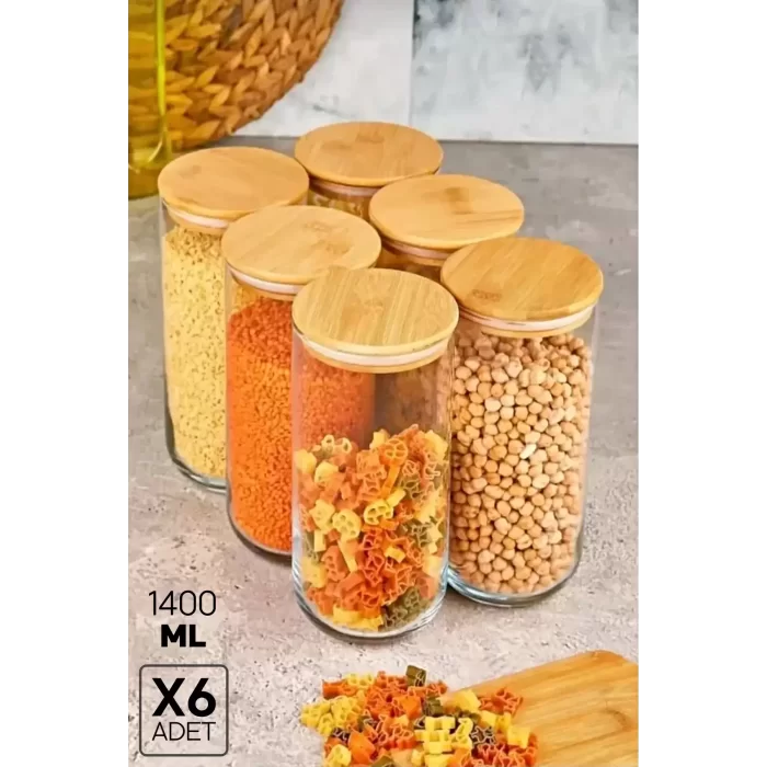 6lı  Vakumlu Bambu Kapaklı Cam Kavanoz 1400ml Baharatlık Bakliyat Gıda Saklama Kabı Organizer