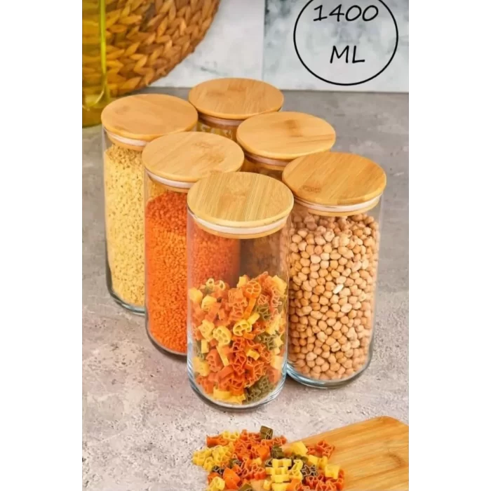 6 Adet Vakumlu Bambu Kapaklı Cam Kavanoz 1400ml Baharatlık Bakliyat Gıda Saklama Kabı Organizer