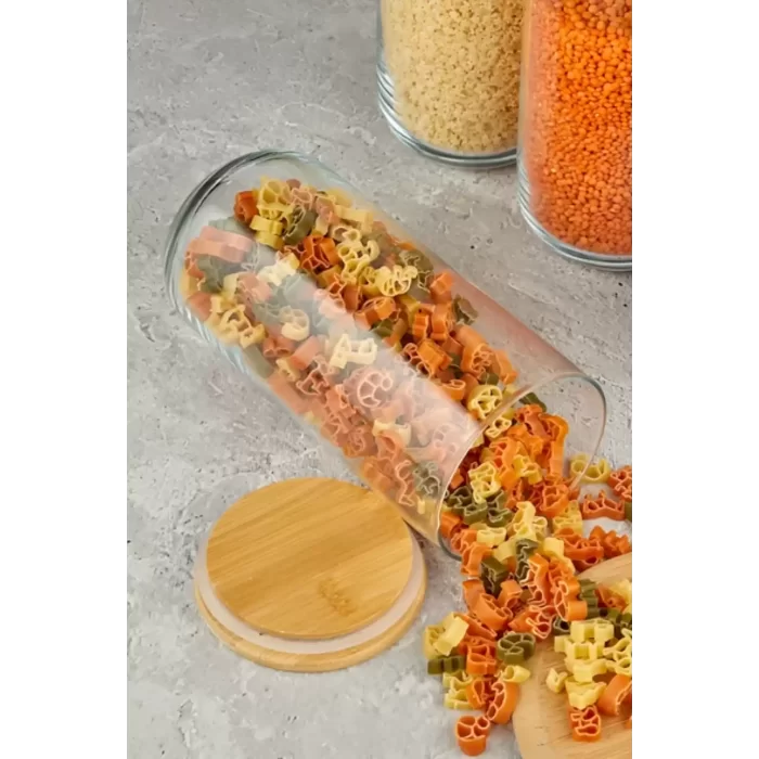 6 Adet Vakumlu Bambu Kapaklı Cam Kavanoz 1400ml Baharatlık Bakliyat Gıda Saklama Kabı Organizer