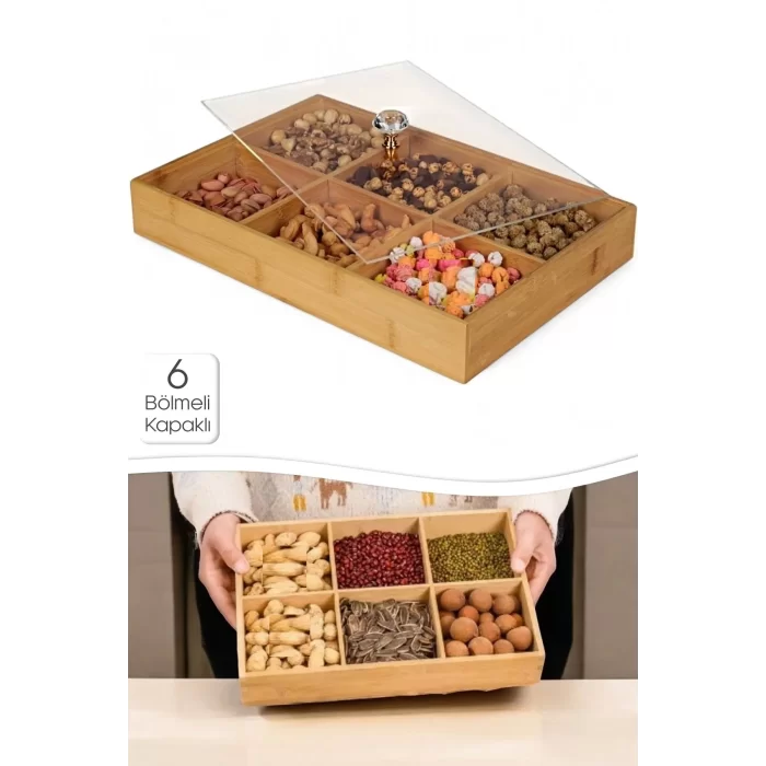 6 Bölmeli Bambu Çerezlik Şeffaf Akrilik Kapaklı Kahvaltı Sunumluk Saklama Kutusu Mutfak Organizer