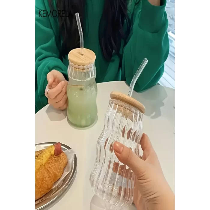 6lı Bambu Kapaklı Sukabağı Latte İskandinav Cam Pipetli Bardak Kahve Kokteyl Sunum Bardağı 400ml