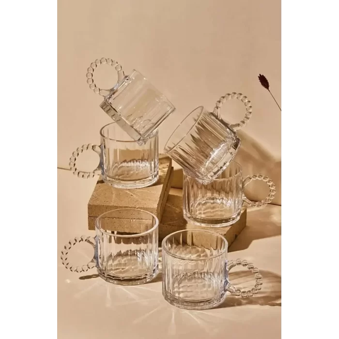 6 Lı Boncuk Kulplu Cam Kupa boncuklu Cam Espresso Çay Kahve Meşrubat Bardağı