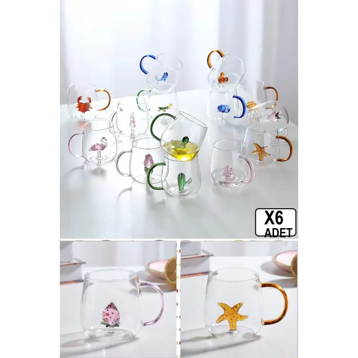 6lı Figürlü Cam Bardak 3D Sevimli Karikatürler Bardağı Kawaii Renkli Kulplu Sunum Fincanı 350 ml.