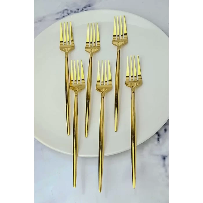 Lüx 6 Parça Gold Çatal Seti Paslanmaz Çelik Çeyiz Çatal Takımı Parlak Pürüzsüz Gold Series