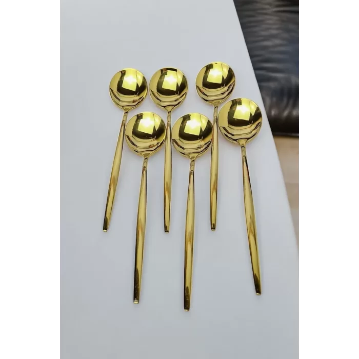 Lüx 6 Parça Gold Kaşık Seti Paslanmaz Çelik Çeyiz Kaşık Takımı Parlak Pürüzsüz Gold Series