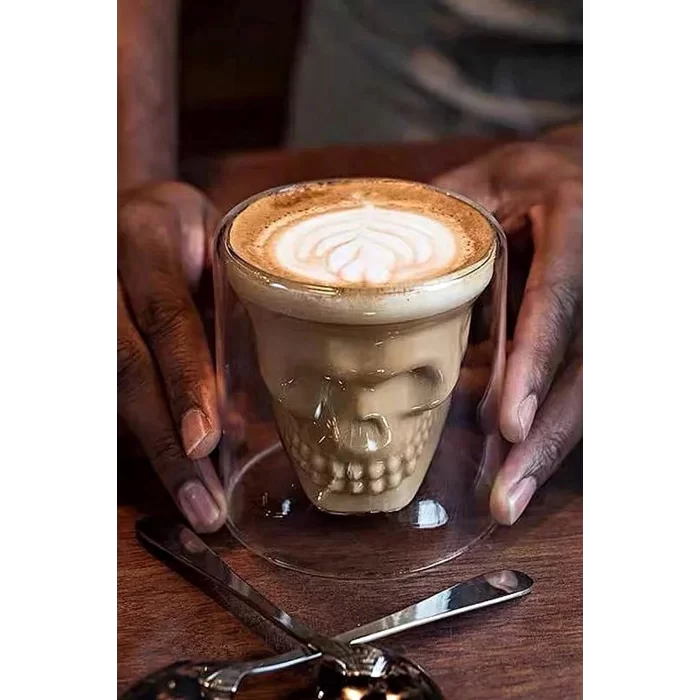 6Lı Kuru Kafa Tasarımlı Bardak Kahve Expresso Kokteyl Bardağı Kristal Skull Çift Cidarlı Cam Kupa