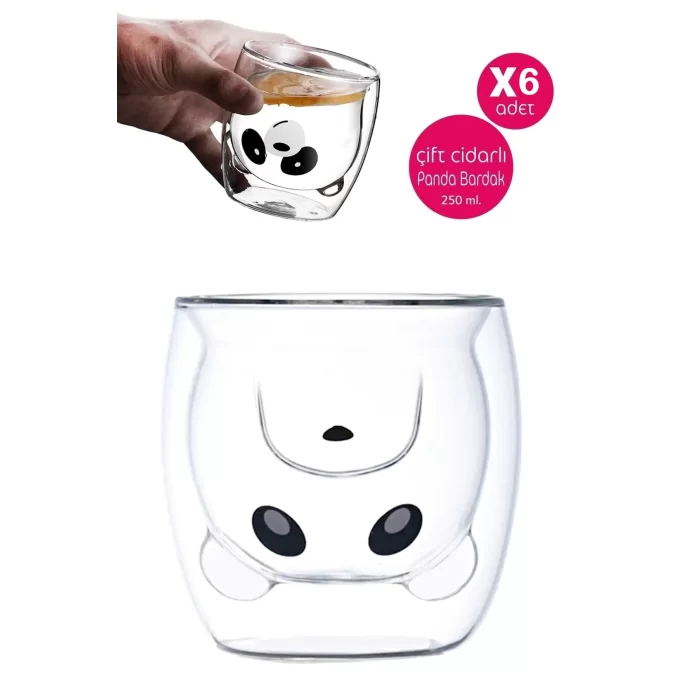 6lı Sevimli Panda Çift Cidarlı Bardak Süt Çay Kahve Su Bardağı 250ml Isı Yalıtımlı Kupa Bardak Seti