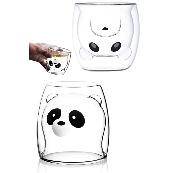 6lı Sevimli Panda Çift Cidarlı Bardak Süt Çay Kahve Su Bardağı 250ml Isı Yalıtımlı Kupa Bardak Seti