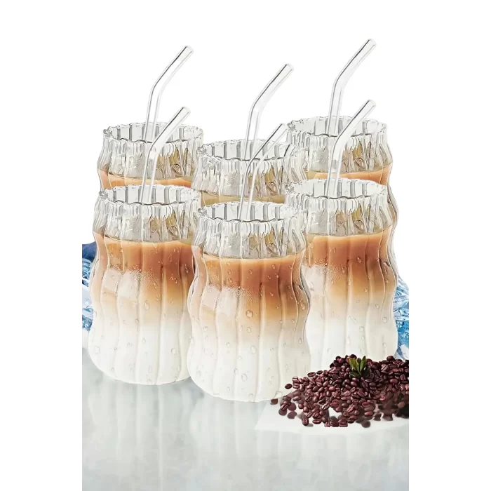 6lı Sukabağı Latte Cam Pipetli Bardak Seti İskandinav Burgu Tarz Kahve Kokteyl Sunum Bardağı 400ml