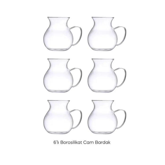 6lı Pleasure Borosilikat Cam Bardak Set Isıya Dayanıklı Keyfi Ala Kulplu Çay Fincanı Bardağı