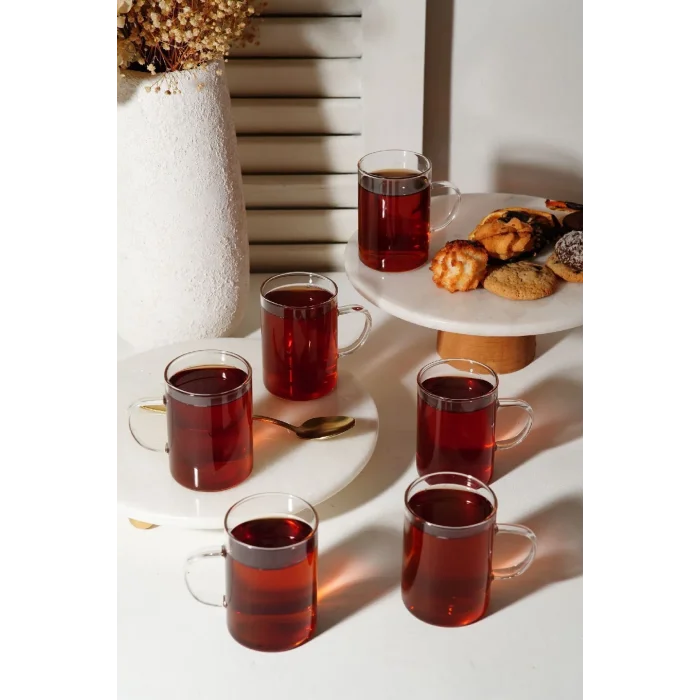 6lı Termisil Kupa Borosilikat Cam Bardak Takımı Isıya Dayanıklı Kulplu Çay Bardağı Seti 200 Ml.