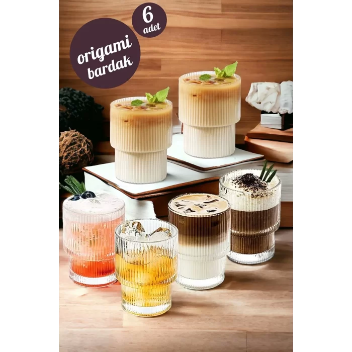 6Set Origami Stil Cam Bardak Pinteres Latte Espresso Isıya Dayanıklı