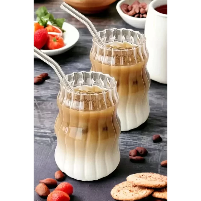 12li Sukabağı Latte Pipetli Cam Bardak İskandinav Burgu Kahve Kokteyl 3 Katlı Sunum Bardağı 400ml